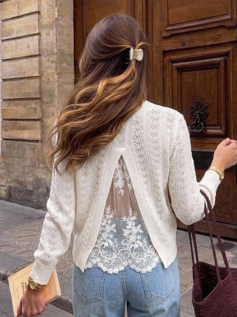 Serisse Women's Elegant Back Mesh Lace Patchwork Hollow Knit Sweater